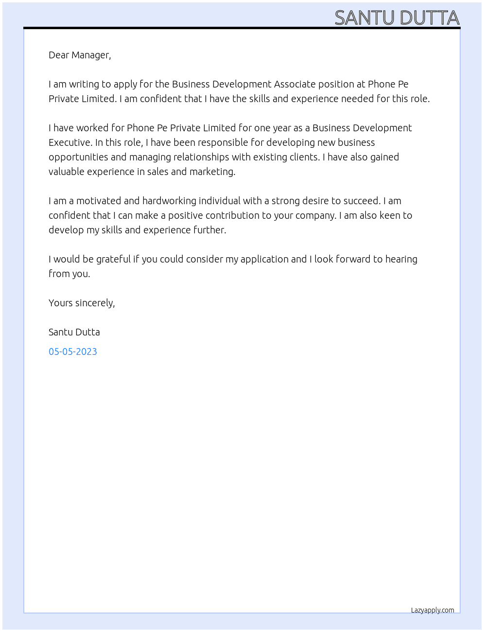 BUSINESS DEVELOPMENT ASSOCIATE  At PHONE PE PRIVATE LIMITED Cover Letter