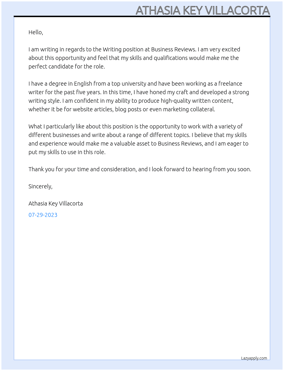 Writing At  business reviews Cover Letter