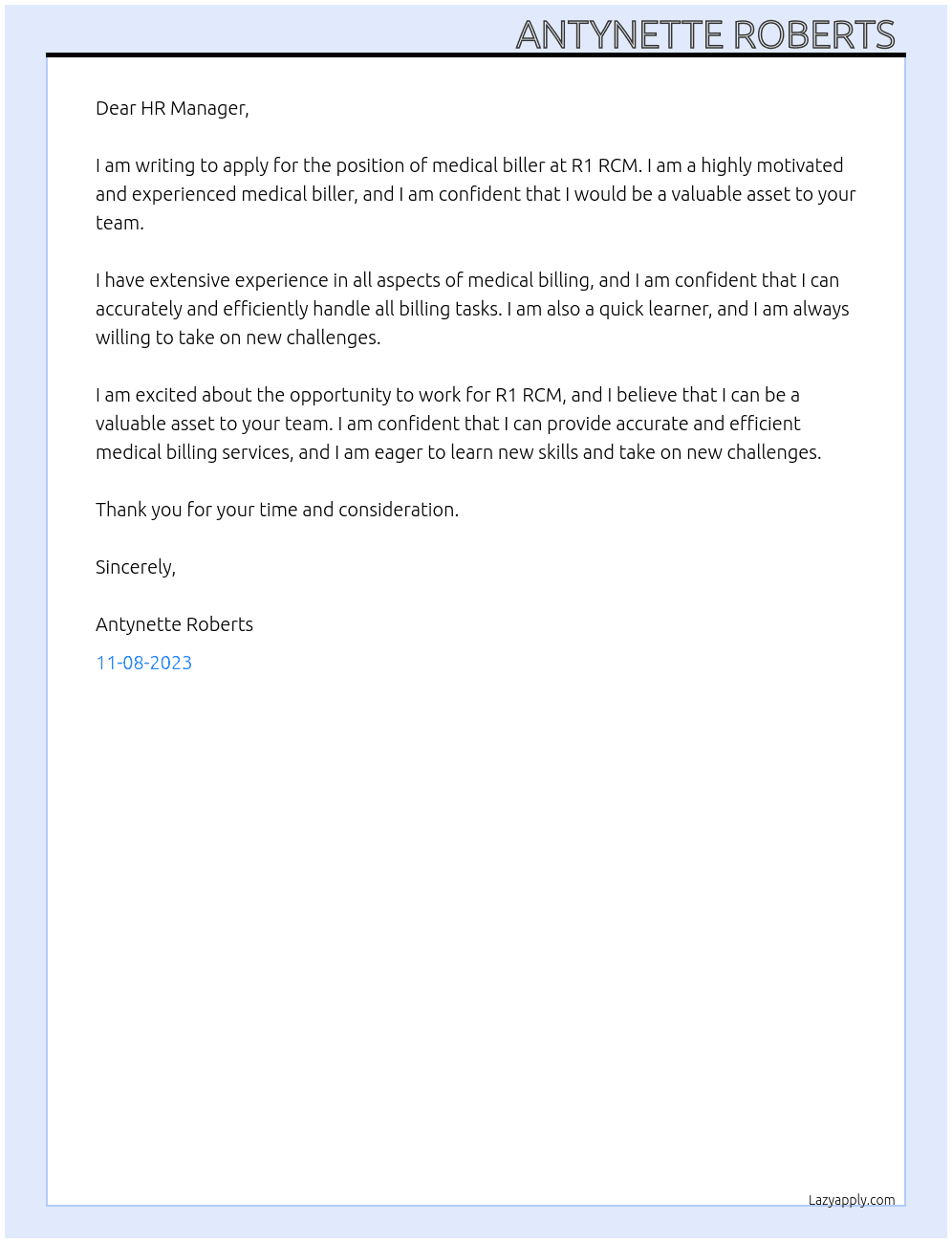 Medical biller At R1 RCM Cover Letter
