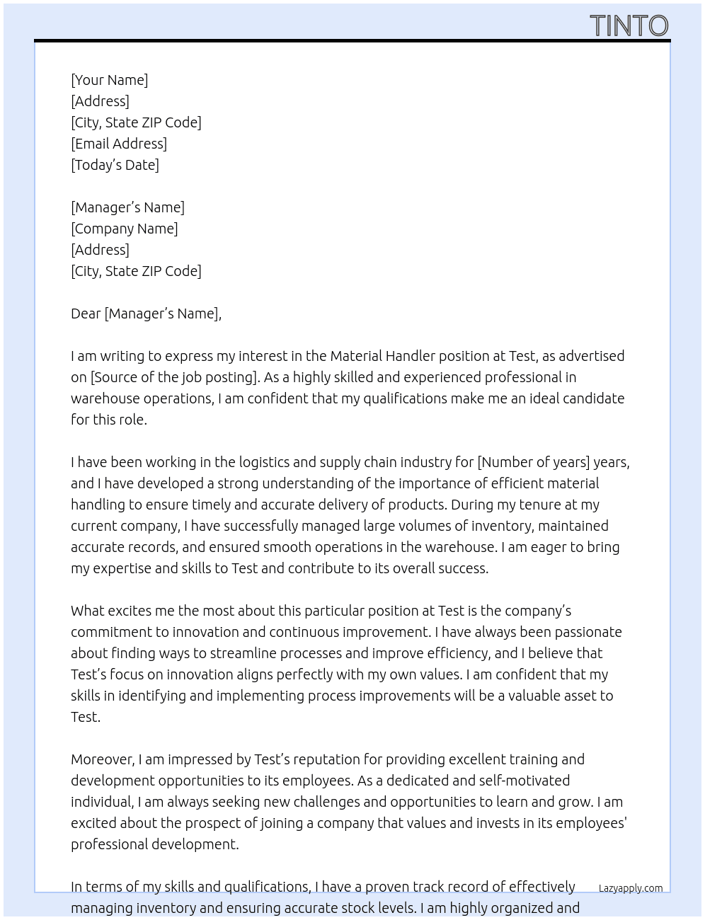 material handler At Test Cover Letter
