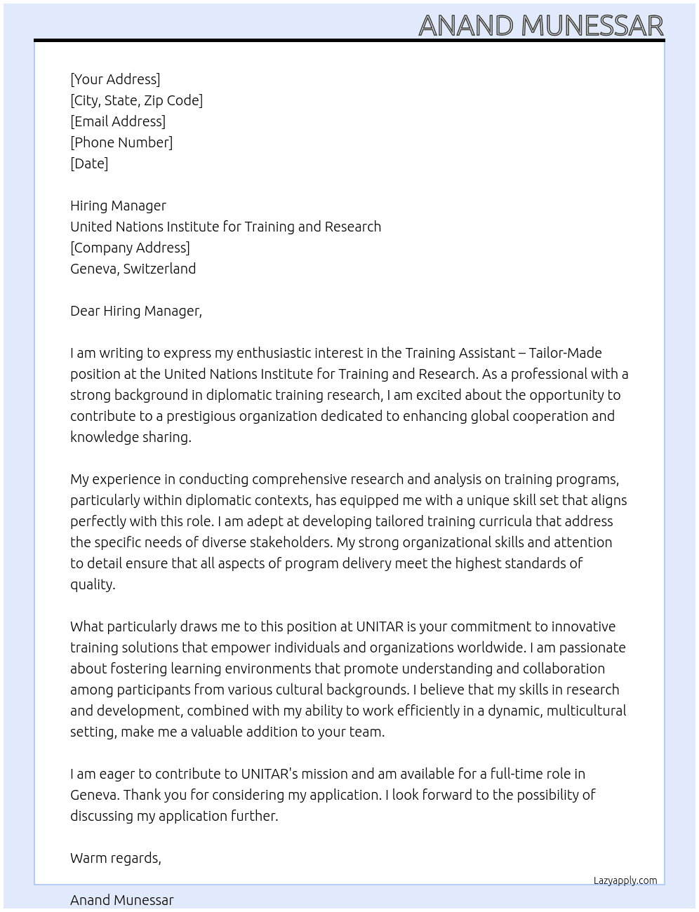 Cover letter for training assistant – tailor-made - LazyApply