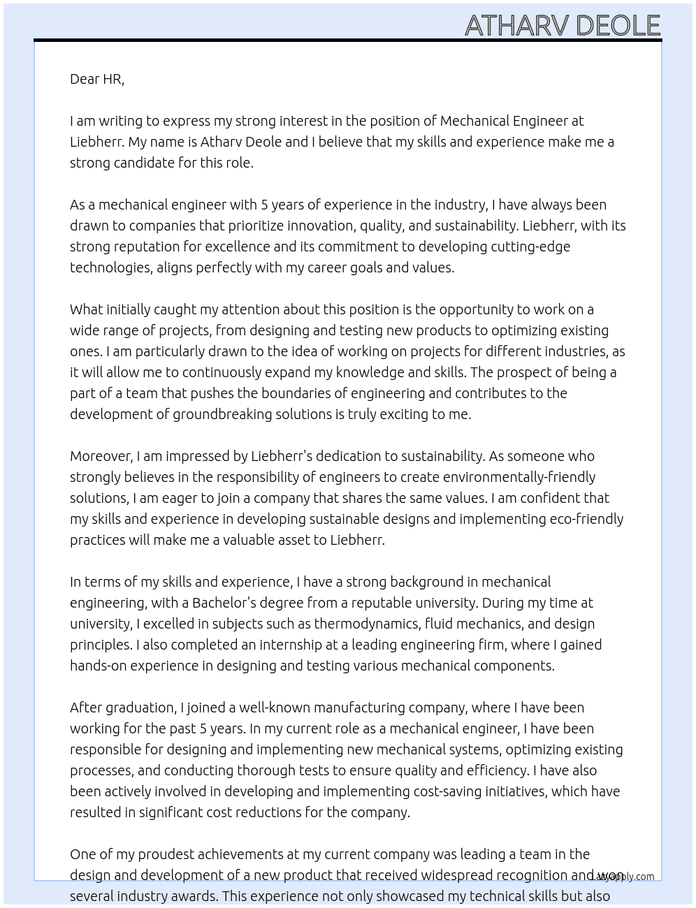 mechanical engineer At Liebherr Cover Letter