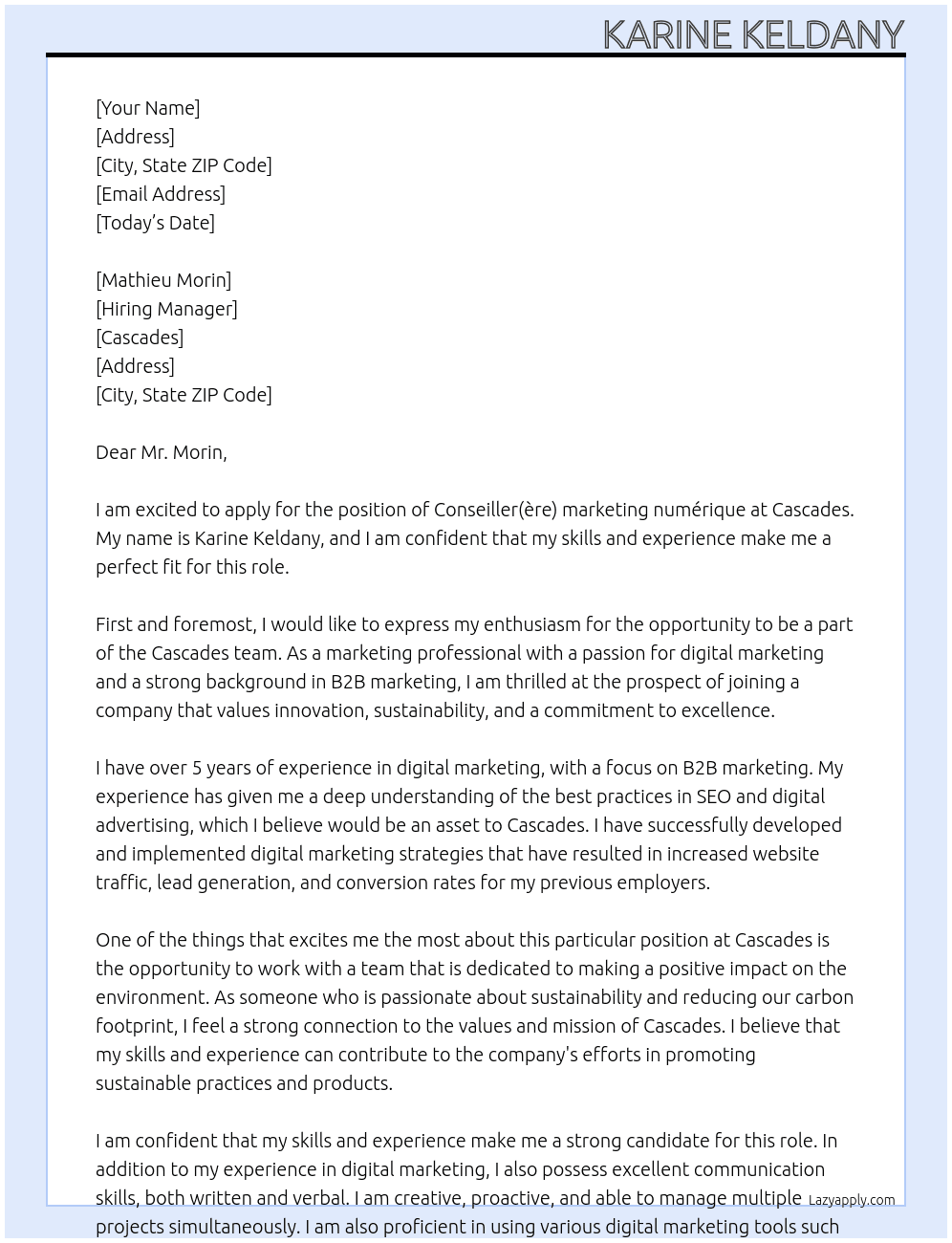 Conseiller(ère) marketing numérique At Cascades Cover Letter