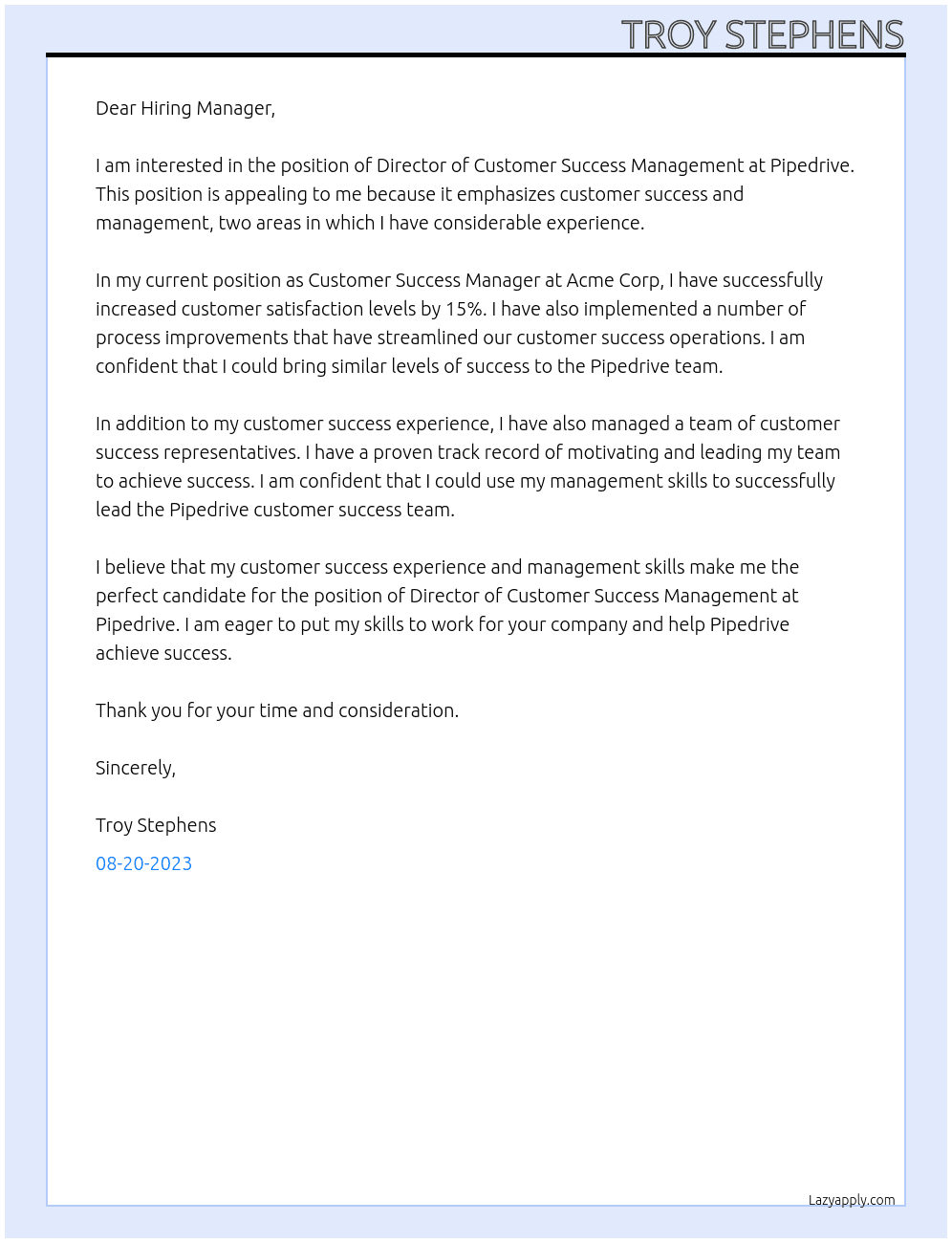Director of Customer Success Management At Pipedrive Cover Letter