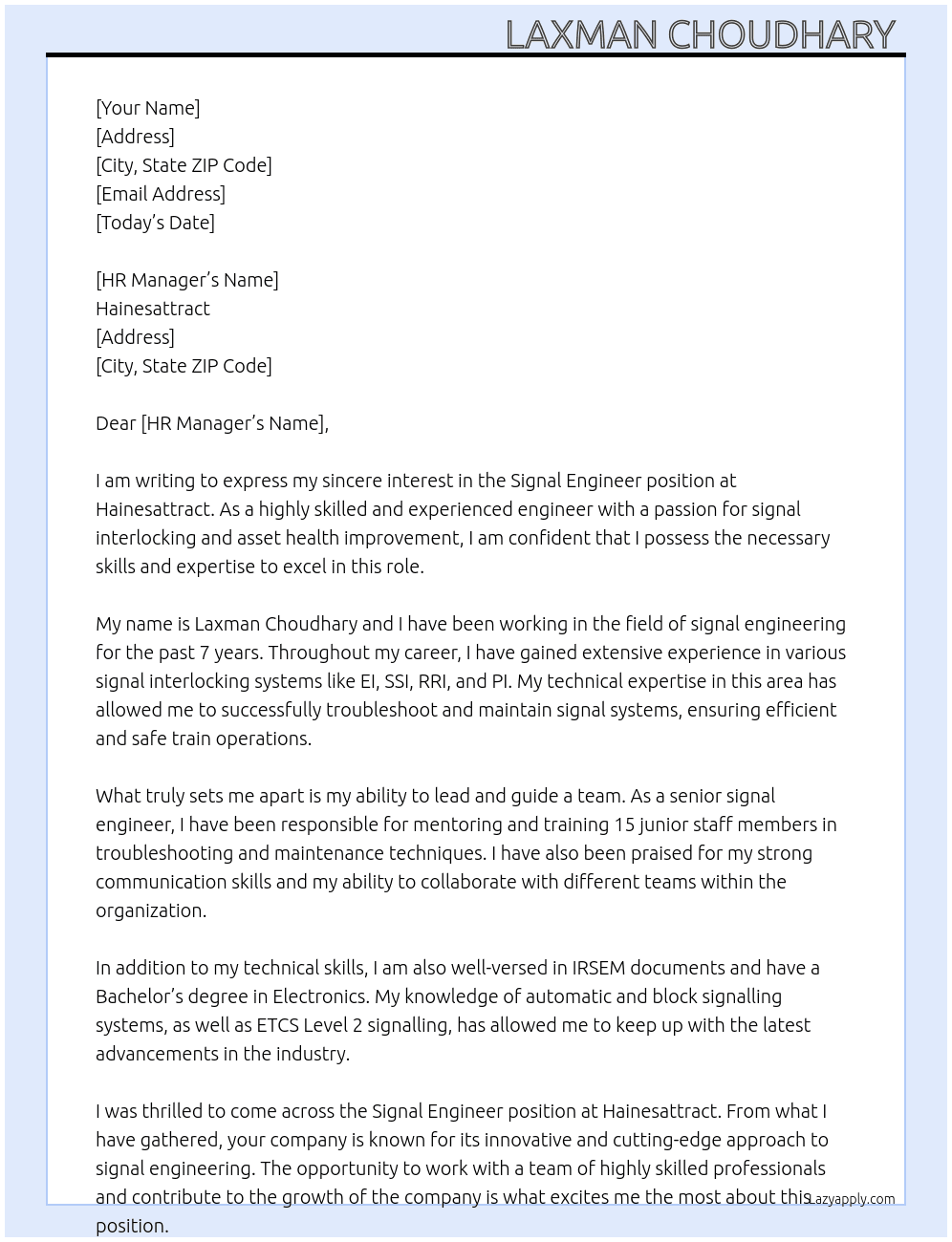 Signal engineer  At Hainesattract  Cover Letter