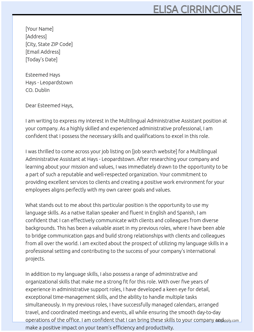 Multilingual Administrative Assistant At Hays - Leopardstown, CO. Dublin Cover Letter