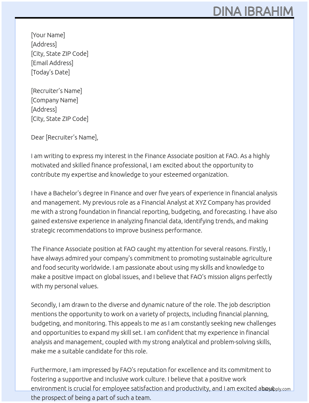 Finance Associate At FAO Cover Letter