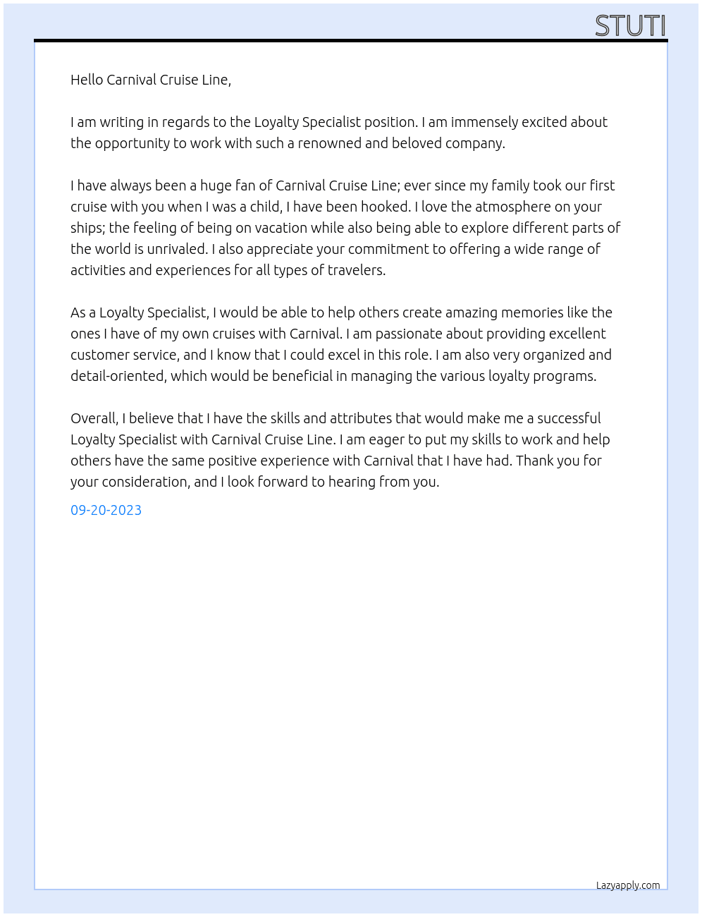 Loyalty specialist At Carnival Cruise Line Cover Letter