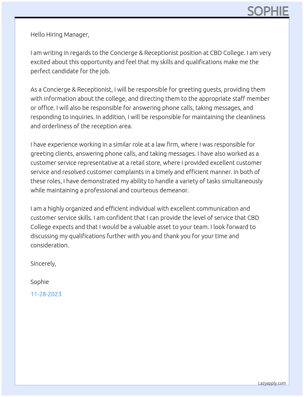 Concierge & Receptionist At CBD College Cover Letter