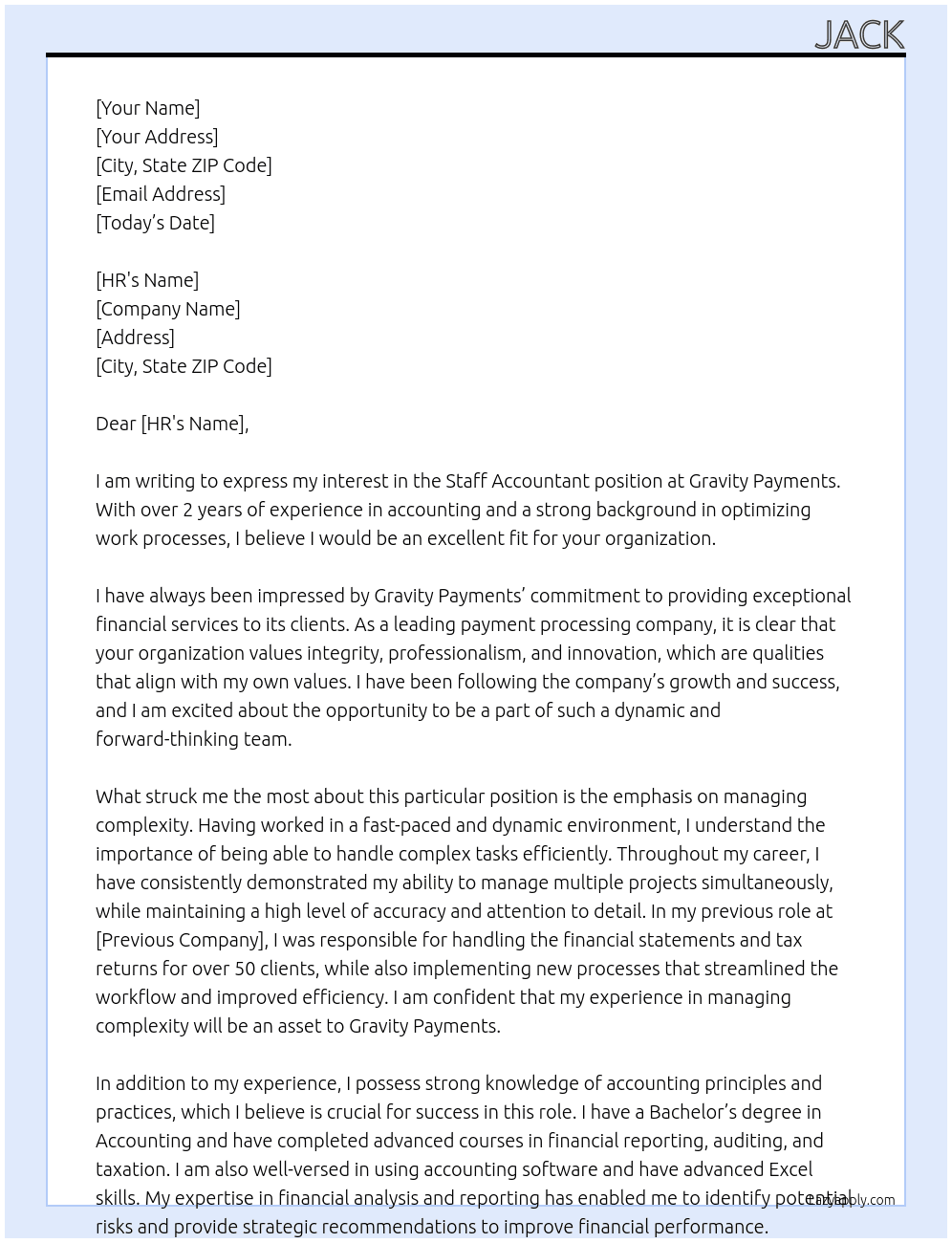 Staff Accountant At Gravity Payments Cover Letter
