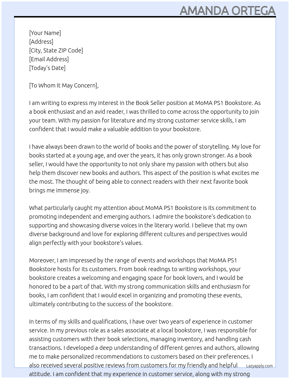 Book Seller At MoMA PS1 Bookstore Cover Letter