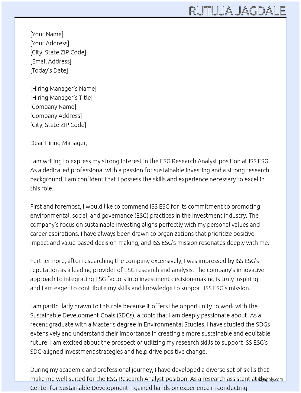 ESG Research Analyst - SDGA At ISS ESG Cover Letter