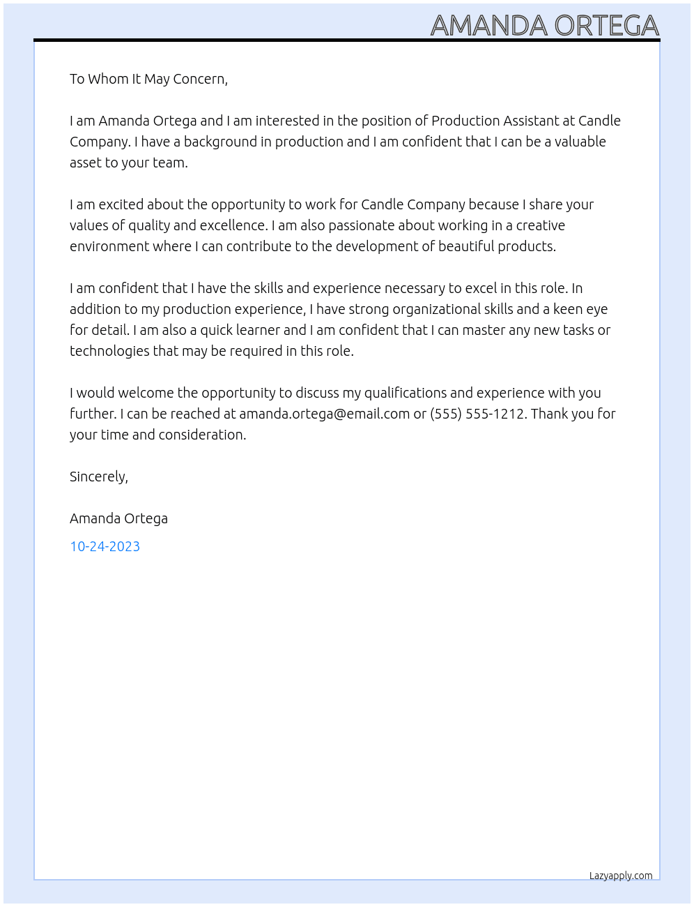 Production Assistant At Candle Company Cover Letter