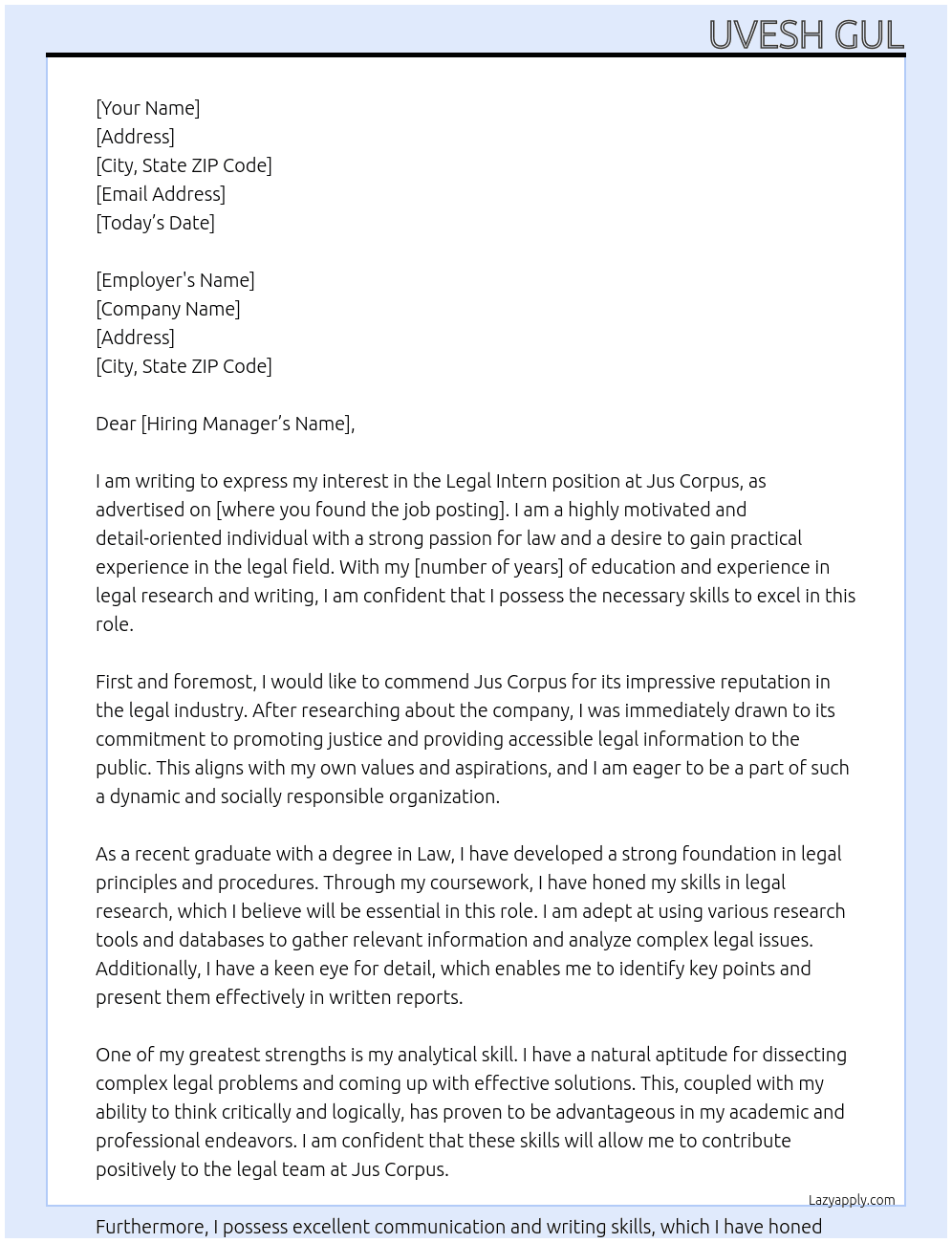 Legal Intern At Jus Corpus  Cover Letter