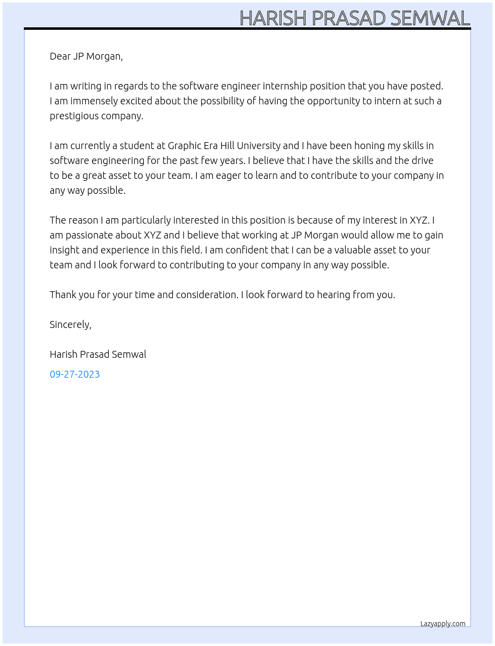 Software Engineer internship At JP Morgen Cover Letter