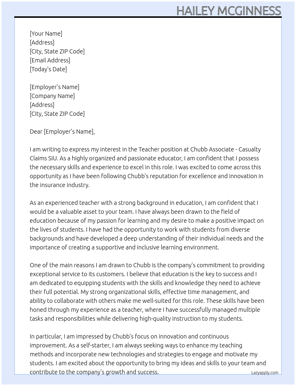 Teacher At Chubb Associate - Casualty Claims SIU Cover Letter