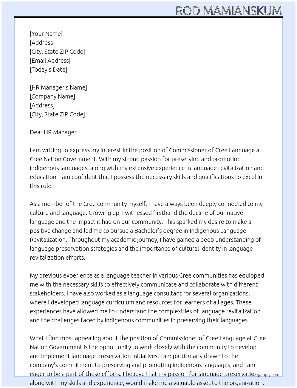 Cover letter for commissioner of cree language - LazyApply
