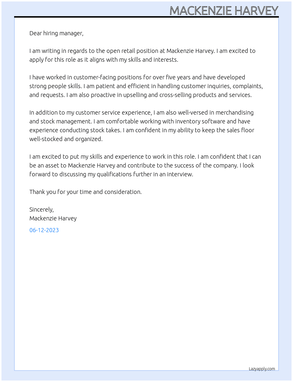 retail At Mackenzie Harvey Cover Letter