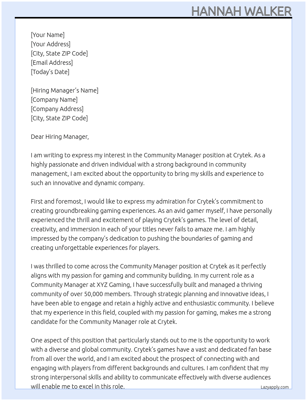 Community Manager At Crytek Cover Letter