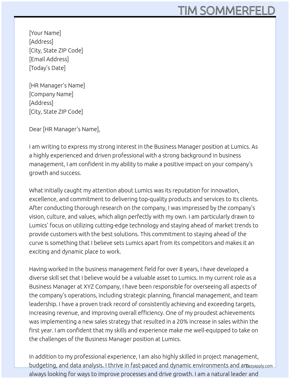 Business Manager At Lumics Cover Letter