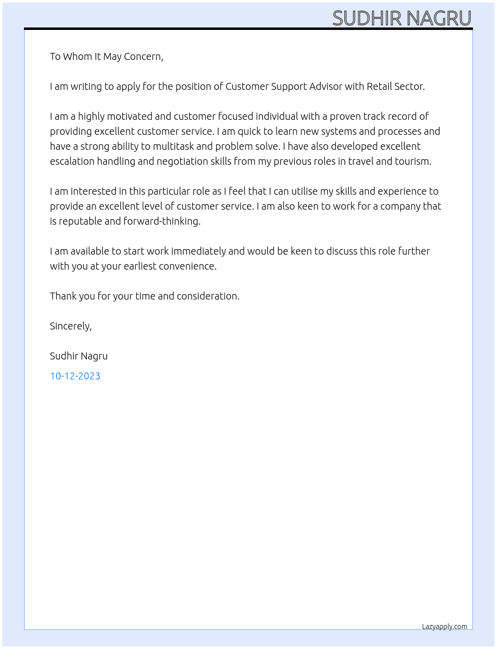 Customer Support Advisor At Retail Sector Cover Letter