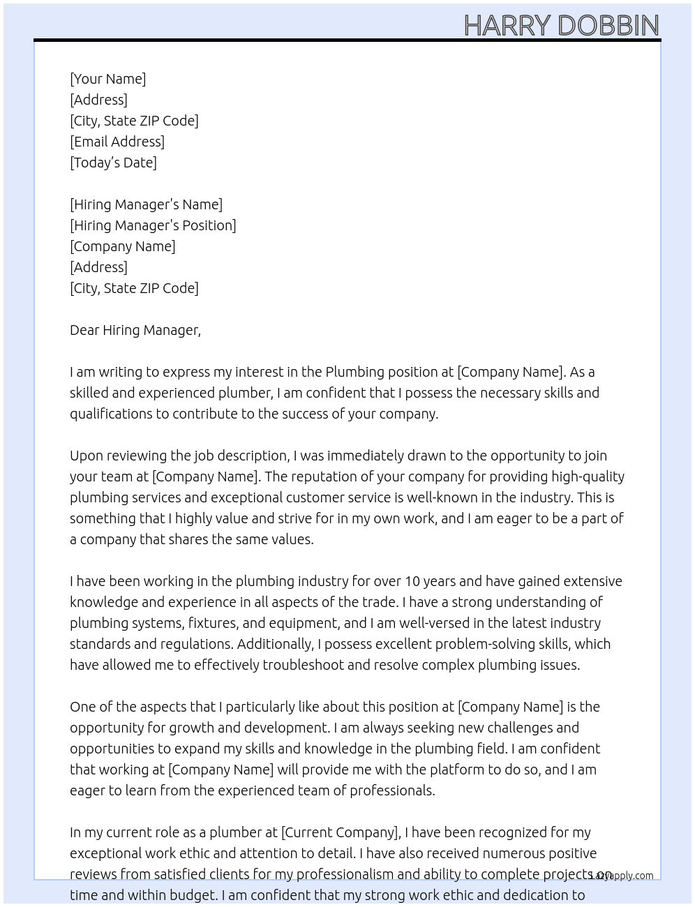 Plumbing At Plumbing company Cover Letter