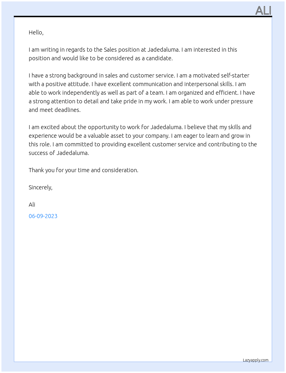 Sales At Jadedaluma Cover Letter
