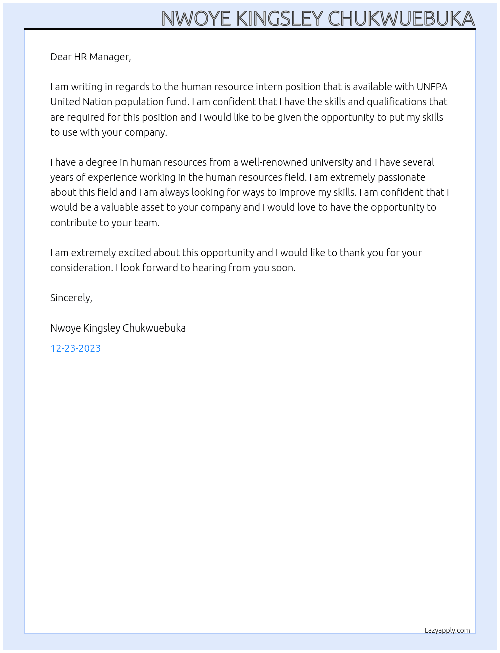Human Resource intern  At UNFPA United Nation population fund  Cover Letter