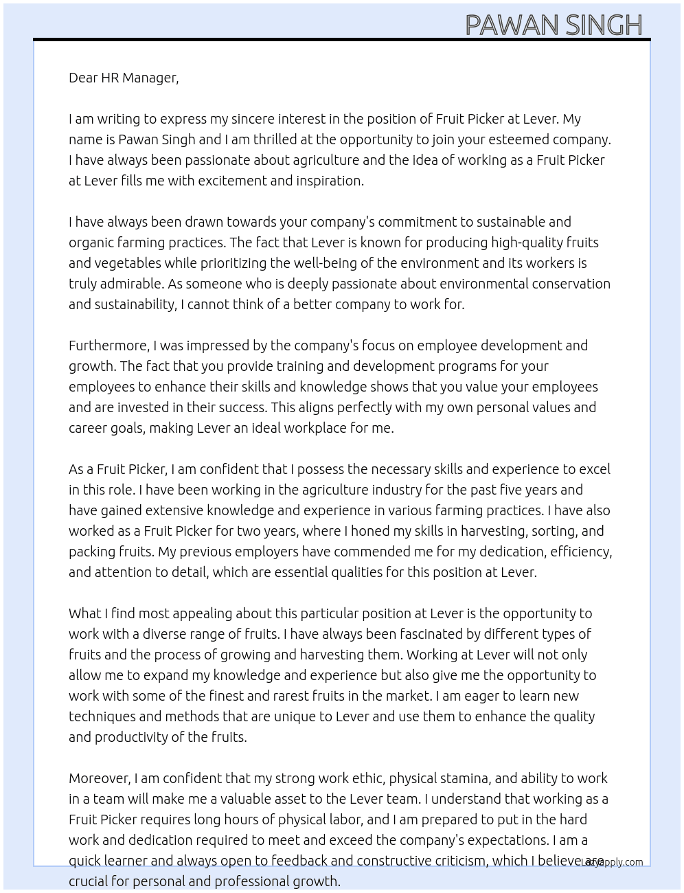Fruit picker  At Lever  Cover Letter