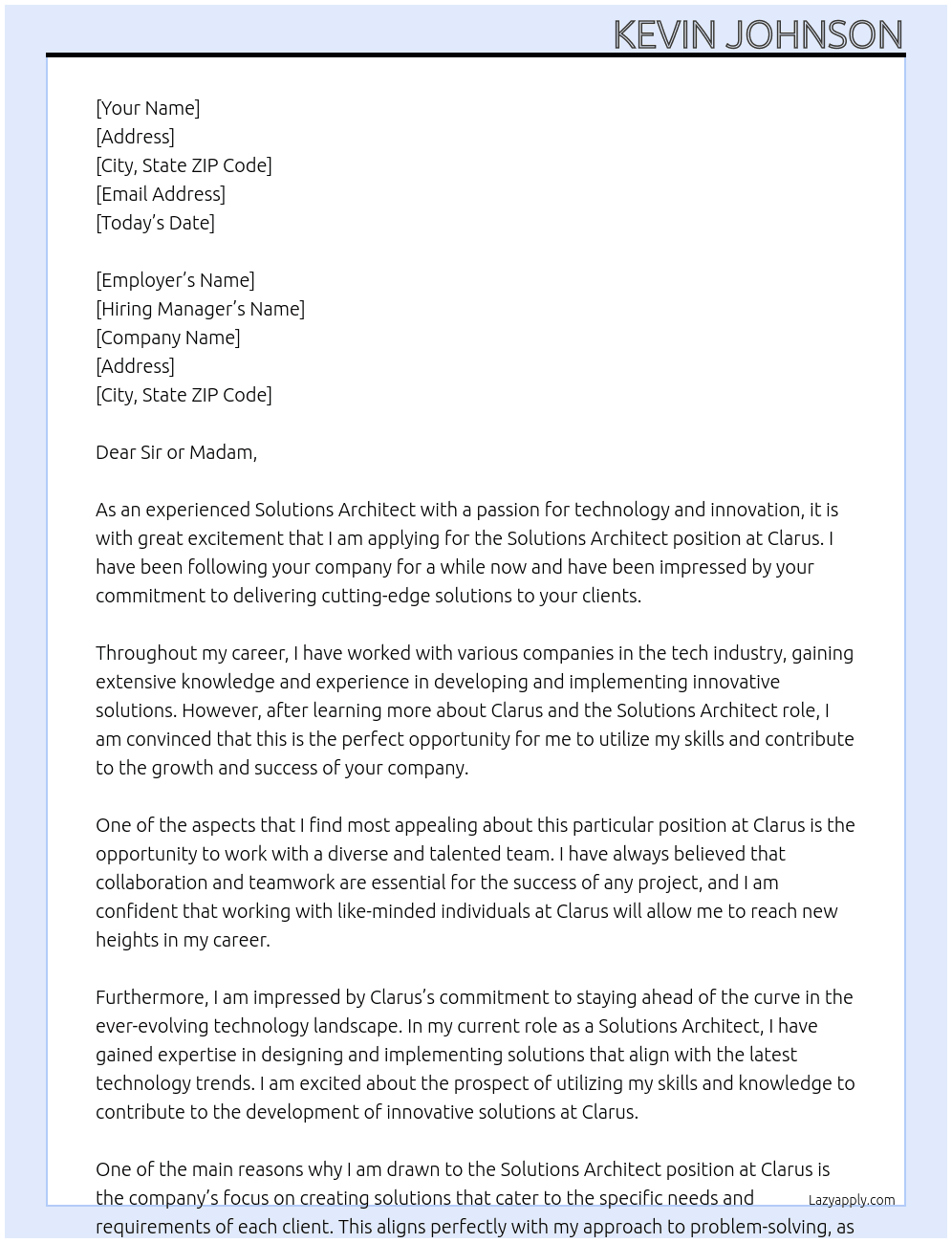 solutions architect At Clarus Cover Letter