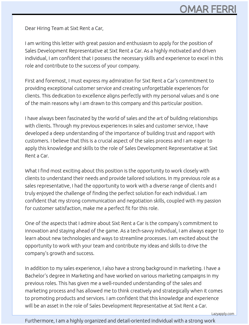 sales development representative At sixt rent a car Cover Letter