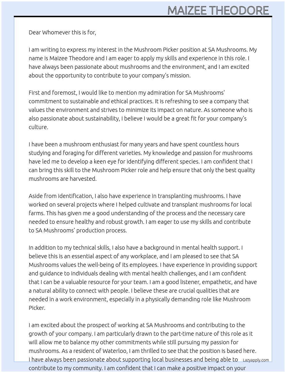 Mushroom picker At SA mushrooms Cover Letter