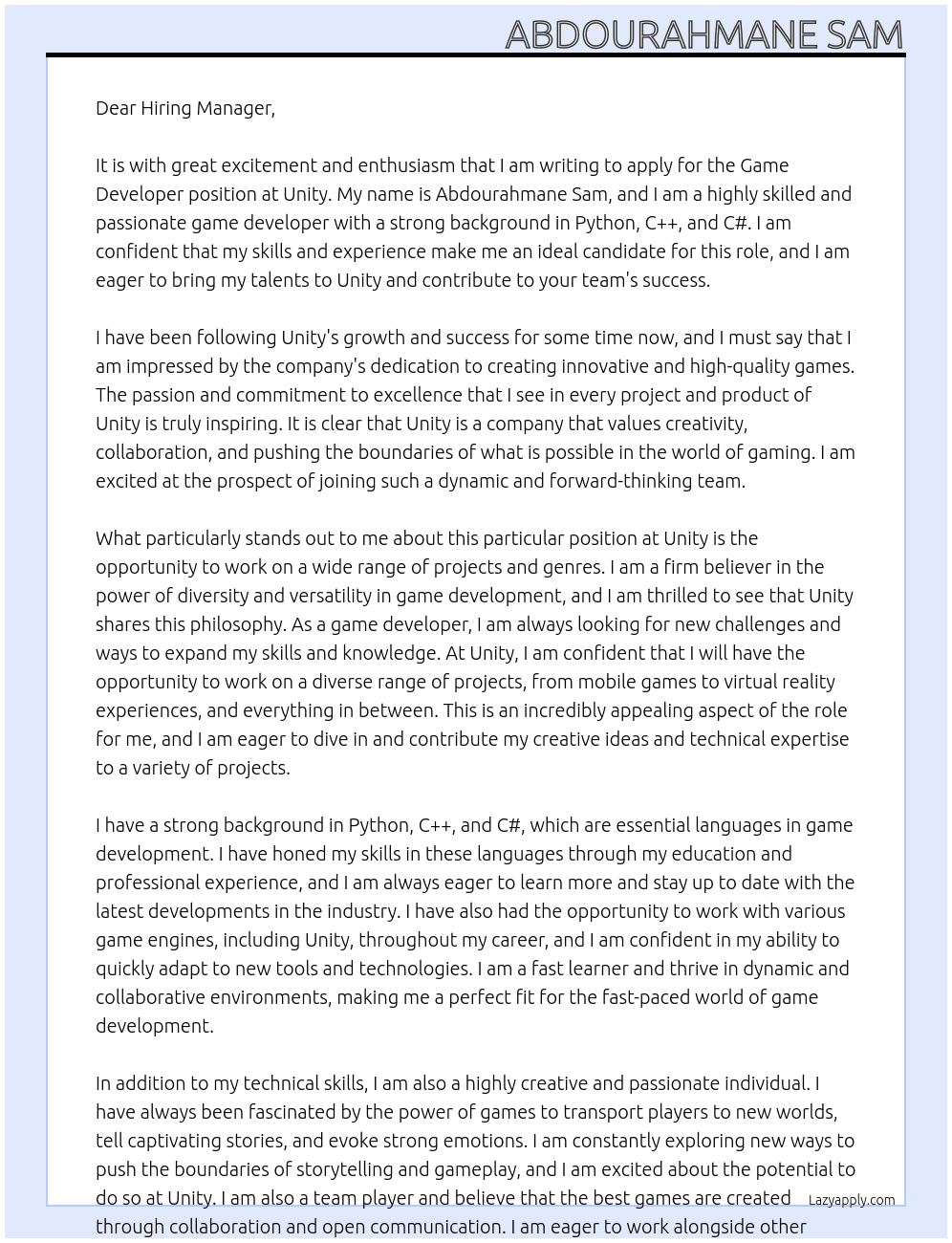 Game developer At Unity Cover Letter