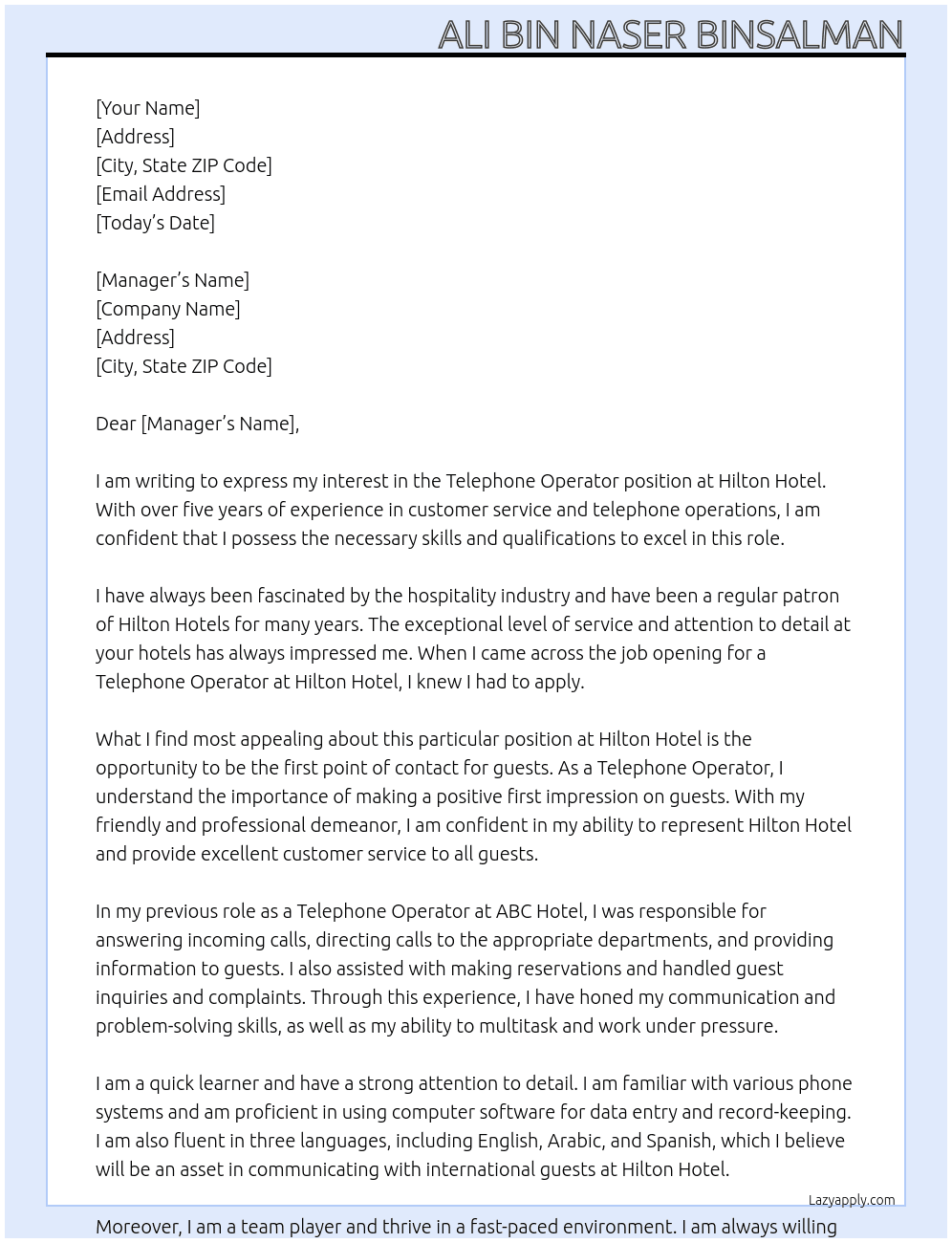 Telephone operator  At Hilton Hotel Cover Letter