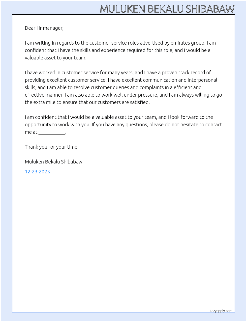 Customer Service Roles At emirates group Cover Letter