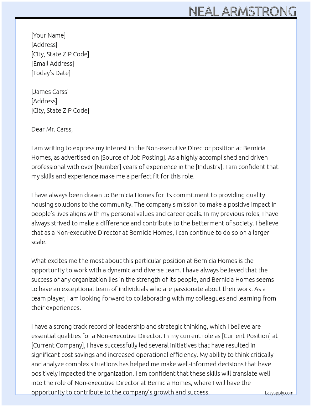 Non-executive Director At Bernicia Homes Cover Letter