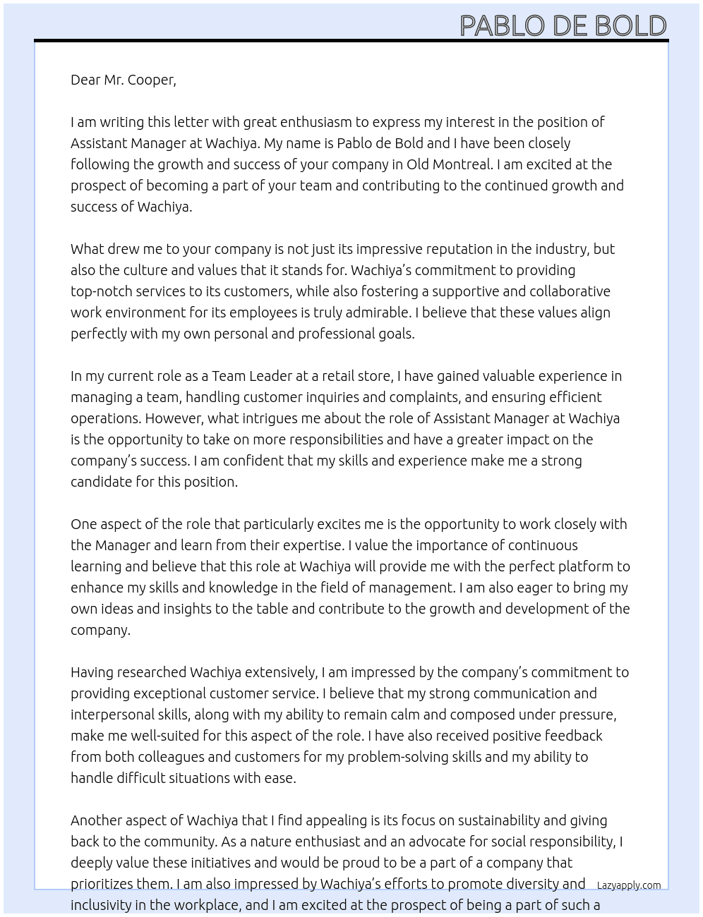 Assistant Manager At Wachiya Cover Letter