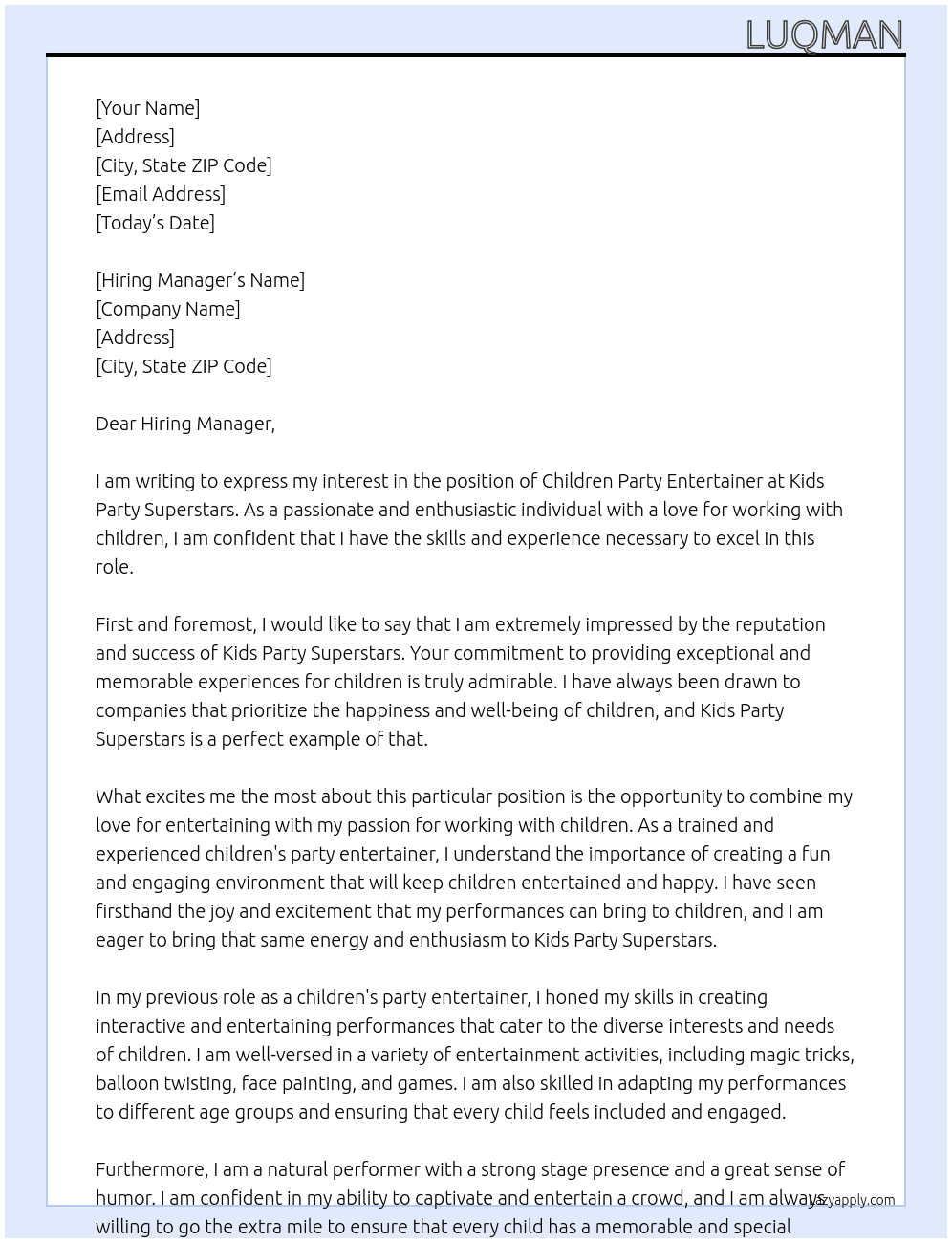 Children party entertainer  At Kids party superstars  Cover Letter