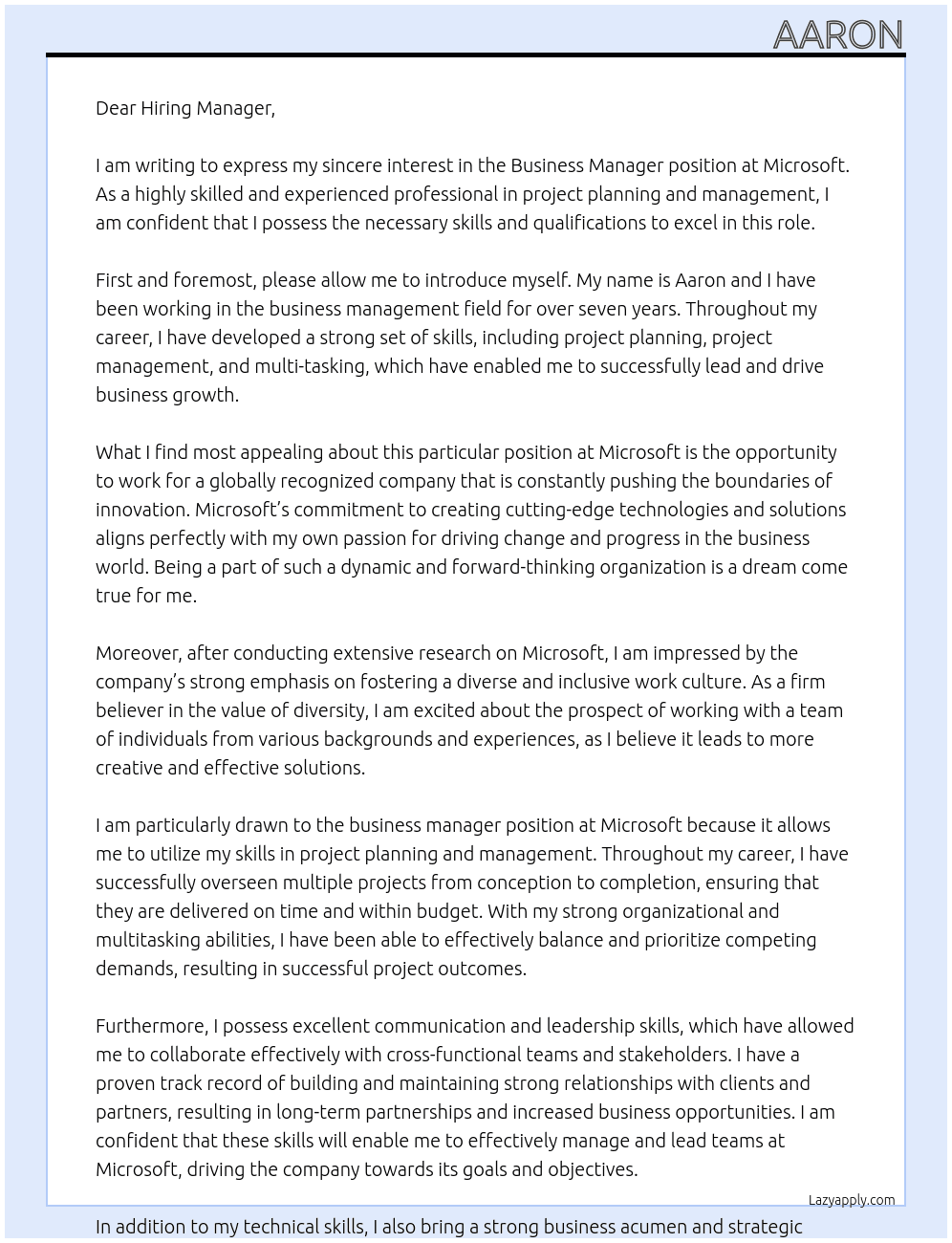 Business Manager At Microsoft Cover Letter