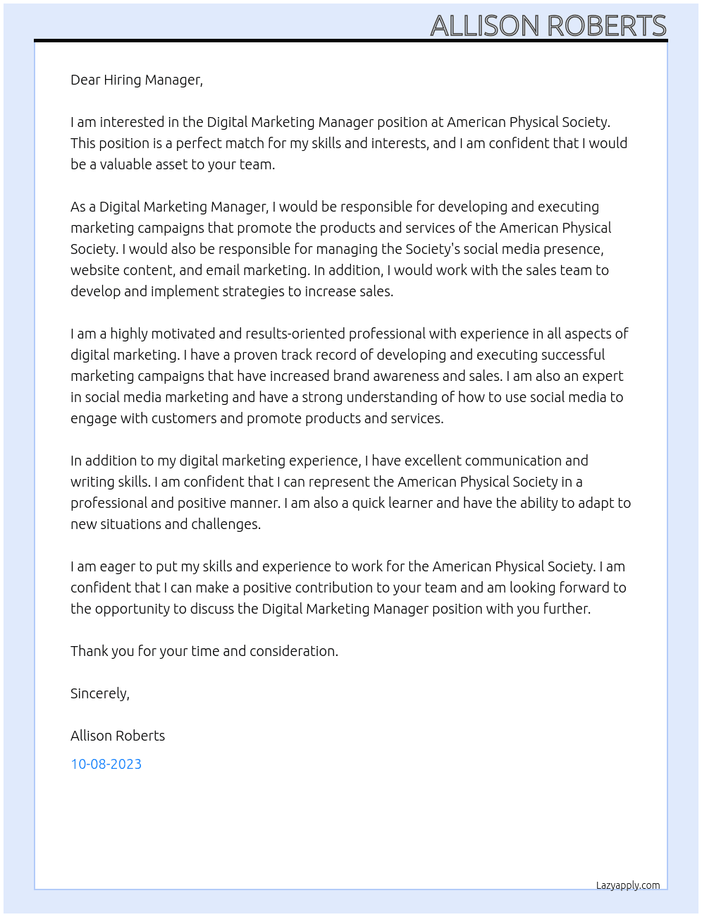 Digital Marketing Manager At American Physical Society Cover Letter