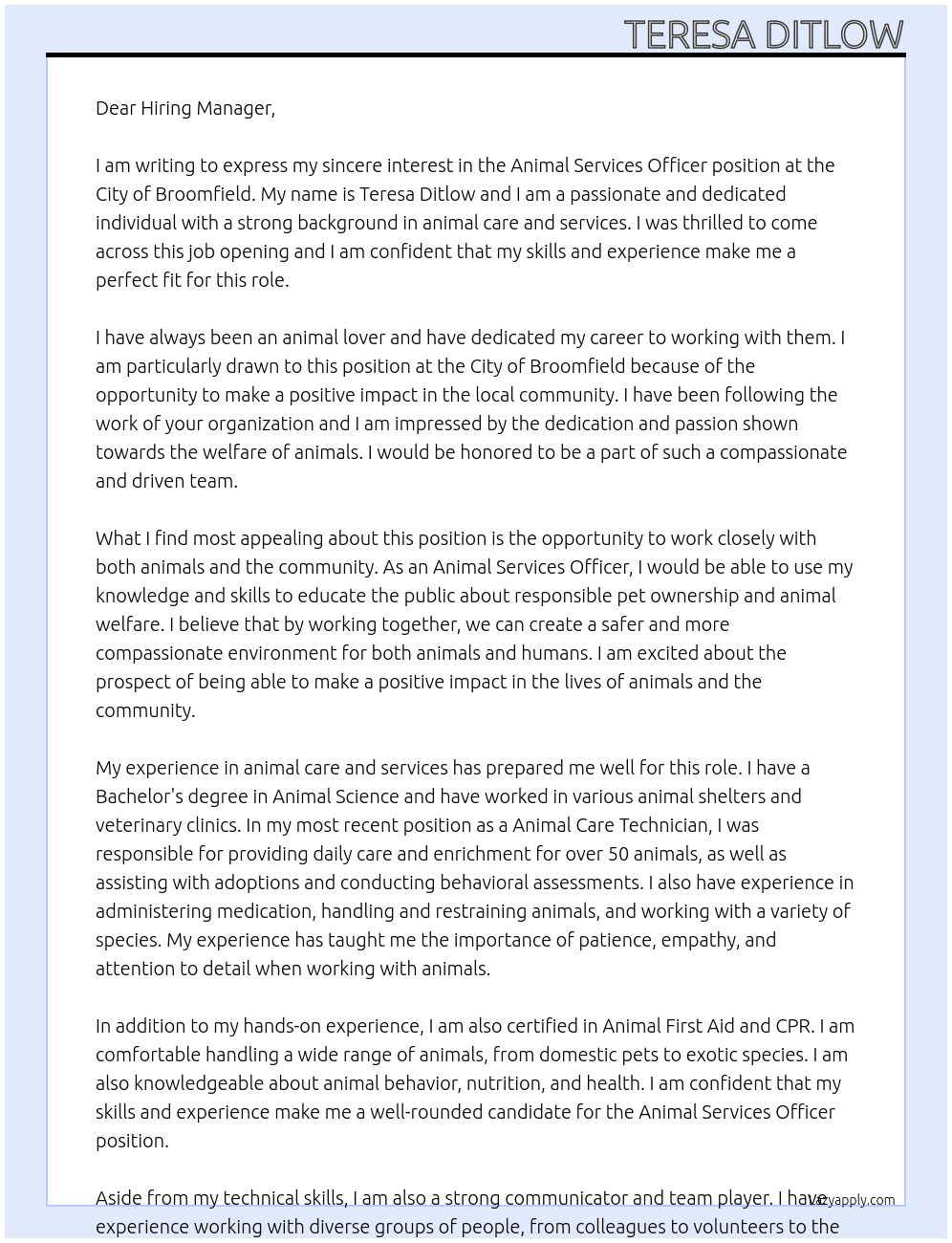 Animal Services Officer At City of Broomfiled Cover Letter