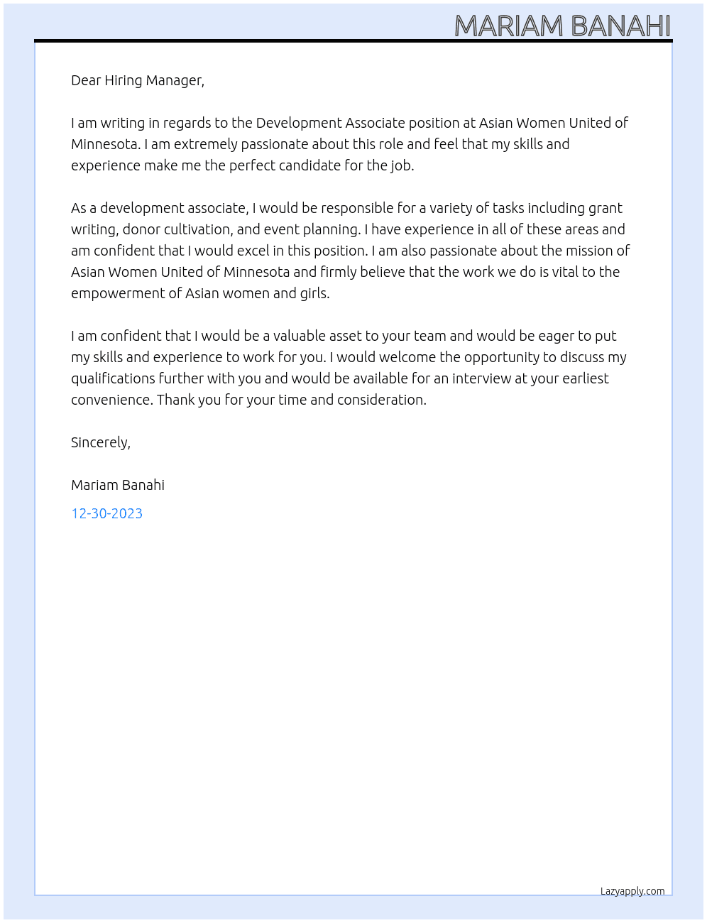 Development Associate At Asian Women United of Minnesota Cover Letter