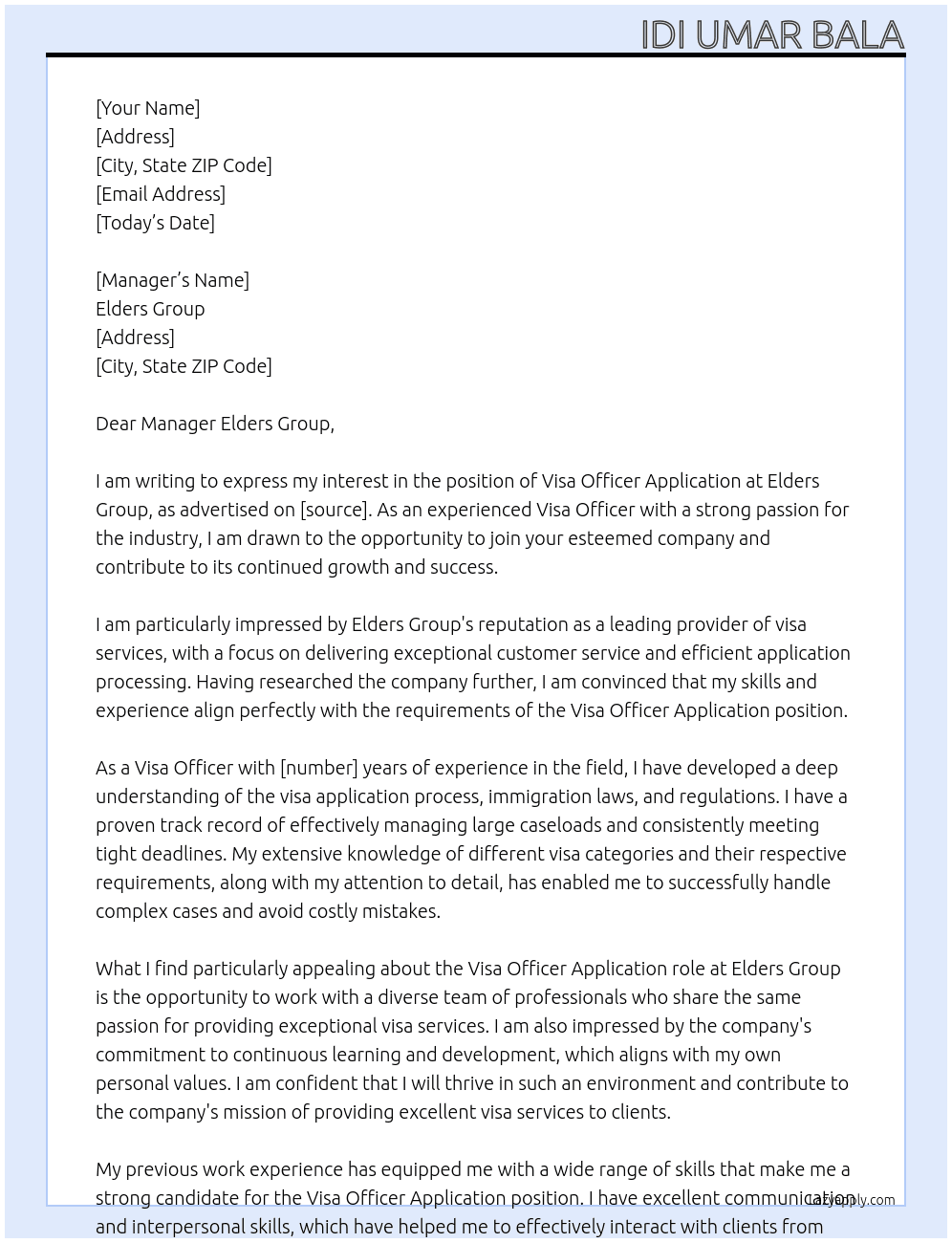 Visa Officer Application At ELDERS GROUP Cover Letter