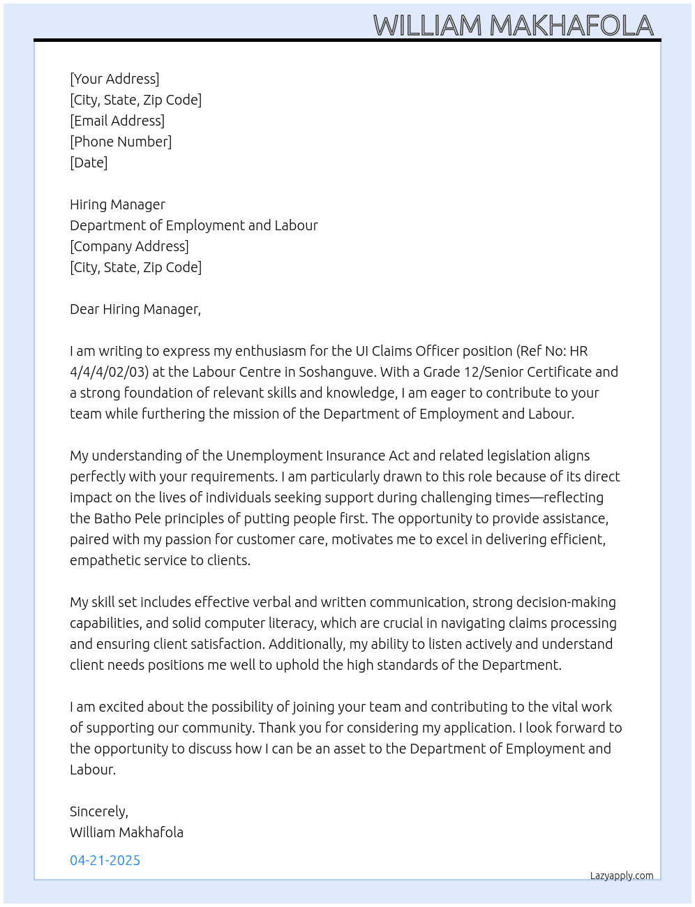 : UI CLAIMS OFFICER (X4 POSTS) At DEPARTMENT OF EMPLOYMENT AND LABOUR Cover Letter