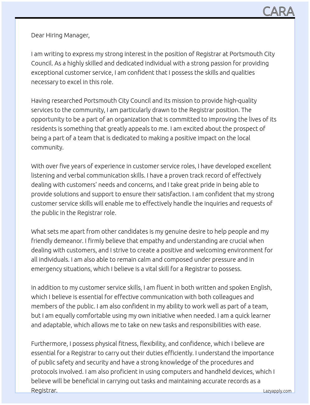 Registra At Portsmouth city council Cover Letter