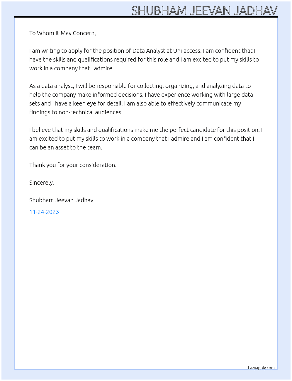 DATA ANALYST At Uni-access Cover Letter