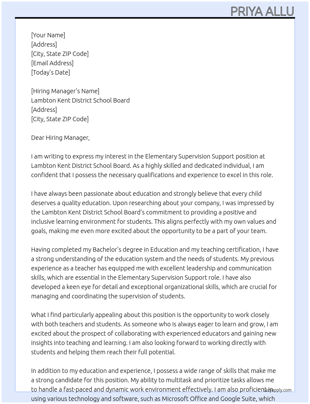 Elementary supervision support  At Lambton Kent district school board  Cover Letter