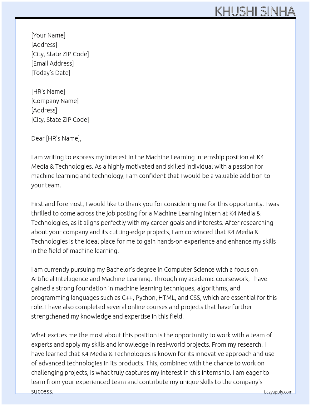Machine Learning Internship At K4 Media & Technologies Cover Letter