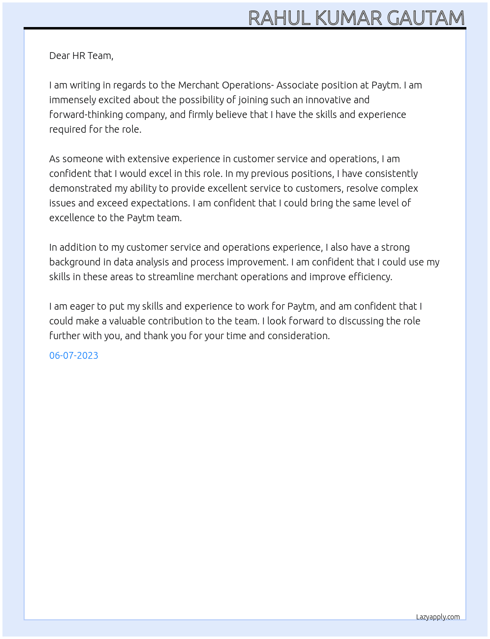 Merchant Operations- Associate At Paytm Cover Letter