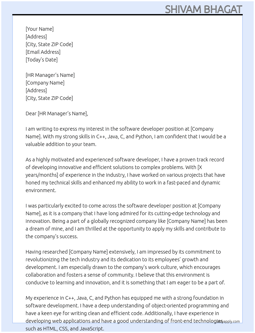 software developer At google, microsoft , TCS  Cover Letter